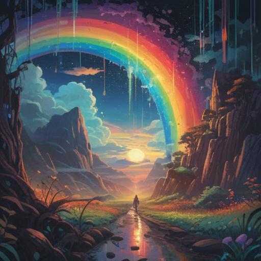 A mystical scene at the base of a vibrant rainbow, colorful light beams radiating, an enchanting spiritual object glowing softly, surrounded by lush green grass, sparkling droplets of dew, gentle breezes caressing the air, a sense of tranquility and hope, harmonious connection to nature, 4k