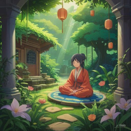 A serene scene depicting practical steps to attract good fortune, a person meditating in a peaceful garden, surrounded by lush greenery and blooming flowers, symbols of luck like four-leaf clovers and horseshoes subtly integrated, gentle sunlight filtering through the trees, a sense of tranquility and positivity, harmonious balance in nature, 4k