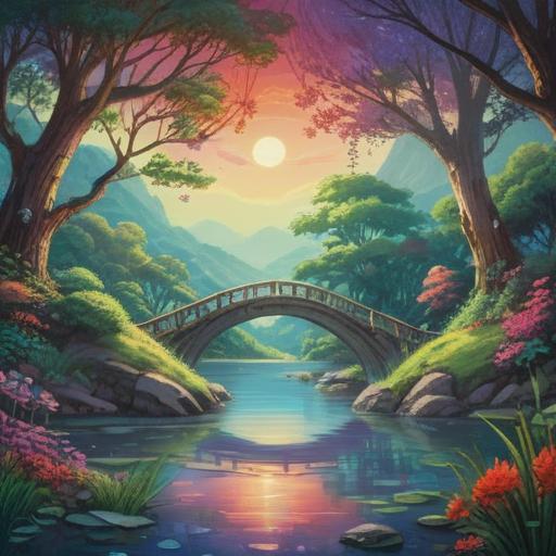 A serene and mystical landscape featuring a vibrant rainbow bridge arching across a tranquil river, surrounded by lush greenery and ethereal light, symbols of hope and connection, spiritual motifs woven into the scenery, peaceful and uplifting atmosphere, 4k