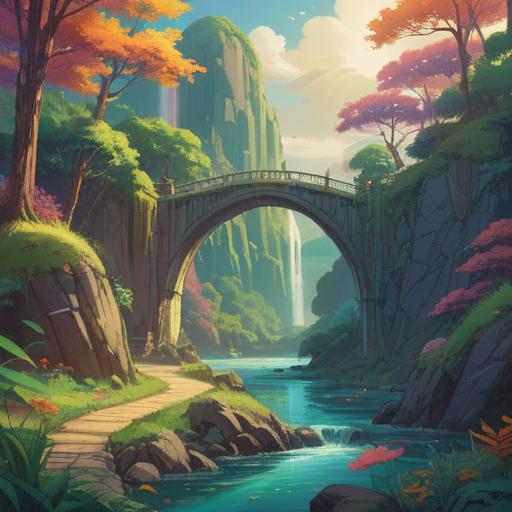 A vibrant and ethereal depiction of a rainbow bridge arching across a serene landscape, symbolizing spiritual connections and good signs, lush green surroundings, clear blue sky, gentle light illuminating the scene, tranquil water reflecting the rainbow, mystical atmosphere, vivid colors, peaceful and uplifting, 4k
