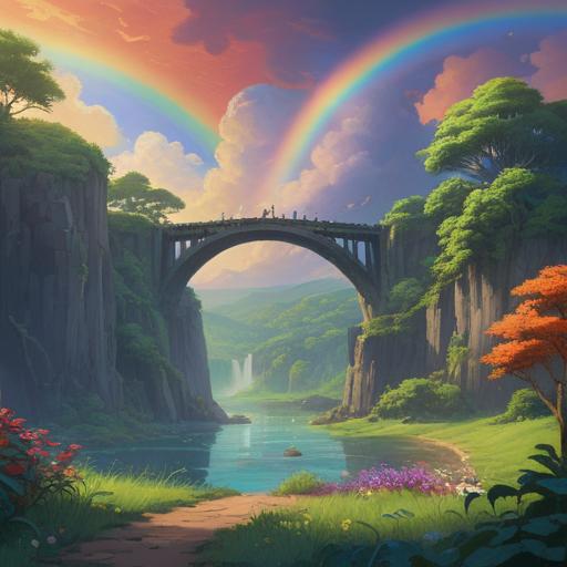A mystical scene of a vibrant rainbow bridge appearing in the sky, ethereal light illuminating the surroundings, serene landscape with lush greenery and a tranquil river, figures standing in awe beneath the bridge, symbols of spiritual signs subtly integrated into the scene, soft clouds floating above, enchanting atmosphere, vivid colors, clarity and detail, 4k