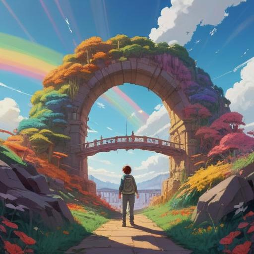 A whimsical scene of a colorful rainbow bridge, vibrant hues arching across a clear blue sky, a person standing in awe, holding a bag filled with lucky charms, glimmering sunlight reflecting off the charms, lush green landscape in the background, a sense of joy and wonder, detailed textures, 4k