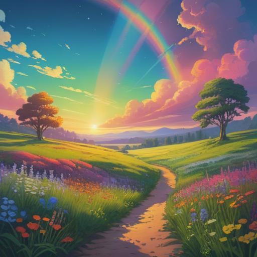 A serene landscape featuring a vibrant rainbow arching across the sky, a lush green field below, colorful wildflowers swaying gently in the breeze, a charming cottage nestled in the background, soft sunlight illuminating the scene, a sense of hope and tranquility, uplifting atmosphere, enchanted feel, 4k