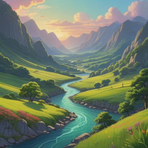 A serene landscape featuring a vibrant rainbow arching over a lush green valley, a tranquil river flowing beneath, soft sunlight illuminating the scene, ethereal mist rising from the ground, symbolic representations of peace and spiritual awakening, enchanting flora and fauna, harmonious colors blending together, 4k