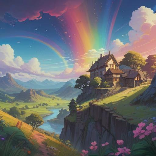A serene landscape featuring a vibrant rainbow arching over a peaceful valley, soft light illuminating the scene, symbolic elements representing spirituality and positivity, gentle rolling hills adorned with wildflowers, a clear blue sky, ethereal atmosphere, magical feeling, harmonious nature, 4k