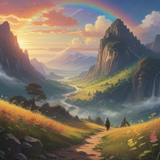 A mystical landscape featuring a vibrant rainbow arching over a serene valley, soft golden light illuminating the scene, gentle mist rising from a tranquil river, symbolic animals appearing near the rainbow's base, ethereal glow surrounding the rainbow, hints of spiritual symbols in the clouds, a sense of wonder and connection to nature, 4k