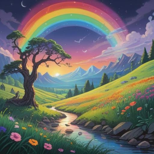 A serene scene at the base of a vibrant rainbow, enchanting landscape, hidden treasures scattered on the grass, whimsical lucky charms shining in the sunlight, lush greenery surrounding the area, playful animals peeking from behind the trees, magical atmosphere, 4k