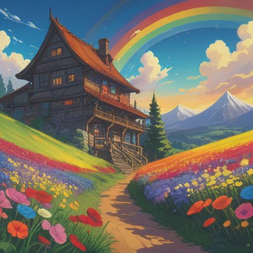 A serene landscape at the base of a vibrant rainbow, tranquil scenery, colorful flowers gently swaying in the breeze, a cozy blanket spread out with a steaming cup of tea, soft sunlight casting a warm glow, peaceful atmosphere, soothing elements for relaxation, nature's beauty, 4k