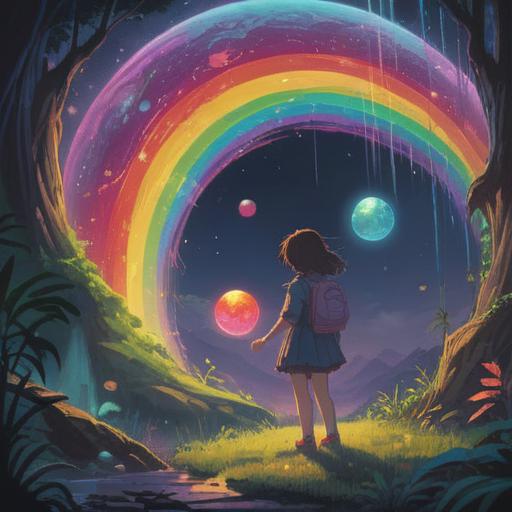 A mystical scene featuring a glowing rainbow orb, radiating vibrant colors, surrounded by ethereal light, symbols of positivity and spirituality, serene landscape with lush greenery and gentle waterfalls, peaceful atmosphere, soft clouds in the sky, inspiring and uplifting, 4k