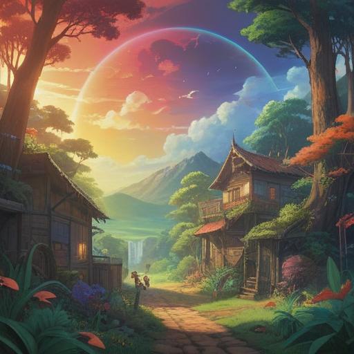 A mystical scene depicting the moment a rainbow orb appears, vibrant colors, ethereal light illuminating the surroundings, a serene landscape with lush greenery, figures observing the orb in awe, soft glows signifying spiritual energy, intricate details in the sky, symbolism of transformation and guidance, tranquil atmosphere, 4k