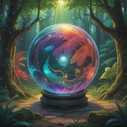 A magical item that attracts good fortune after seeing a rainbow orb, vibrant colors, intricate design, surrounded by sparkling light, lush green environment, whimsical atmosphere, fantasy elements, enchanting details, 4k