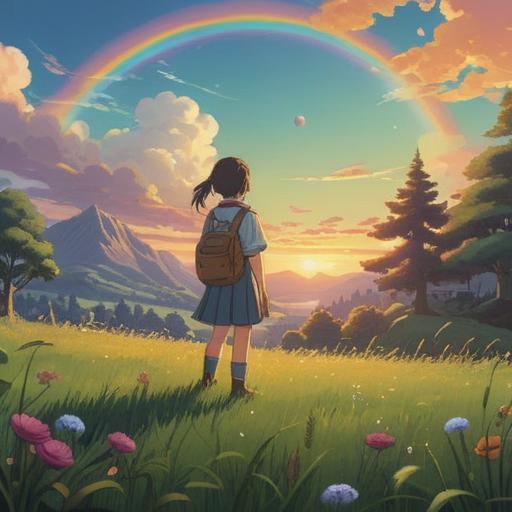 A serene landscape featuring a shimmering rainbow orb hovering in the sky, a person standing in a peaceful meadow, practicing gratitude with hands clasped, vibrant wildflowers surrounding them, the sun setting in the background, soft light illuminating the scene, an atmosphere of hope and positivity, harmonious colors, nature’s beauty, 4k