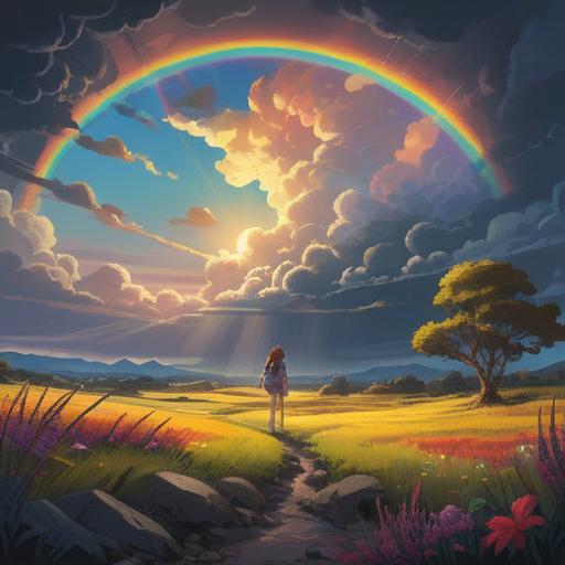 A spiritual scene depicting a rainbow arching over a dramatic landscape, with dark storm clouds on one side and bright sunlight illuminating the other, vibrant colors, symbolic elements of rain and thunder, a serene figure meditating under the rainbow, ethereal light, harmonious balance of nature, 4k