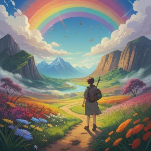 A vibrant and uplifting scene of a rainbow arching across a serene landscape, symbolizing spiritual positivity and good omens, lush green hills below, a gentle stream reflecting the colors of the rainbow, soft clouds in the sky, radiant sunlight breaking through, a feeling of hope and tranquility, 4k