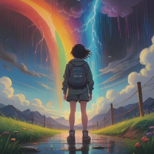 A vibrant scene of a person standing under a rainbow after a thunderstorm, looking inspired, playful actions around them such as jumping or spinning, colorful surroundings emphasizing the magic of the moment, clear blue sky with fluffy clouds, soft light illuminating the landscape, a sense of joy and positivity, whimsical atmosphere, 4k