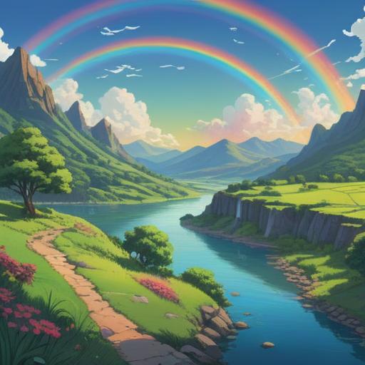A serene landscape featuring two vibrant rainbows arching across a clear blue sky, lush green hills in the background, a tranquil river reflecting the colors, ethereal atmosphere, symbols of hope and balance, subtle spiritual elements, nature's harmony, 4k