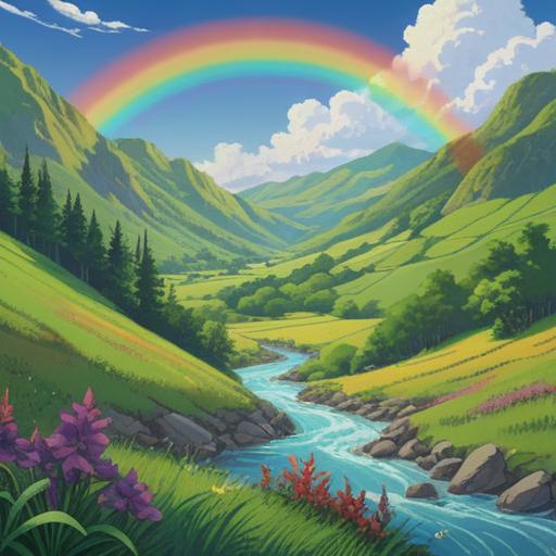 A serene landscape featuring two vibrant rainbows arching across a bright, blue sky, lush green hills in the foreground, gentle flowing river reflecting the colors of the rainbows, ethereal light radiating from the rainbows, symbols of hope and positive energy, tranquil atmosphere, harmonious natural elements, inviting and uplifting scene, 4k