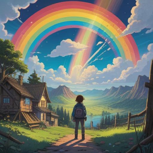 A captivating scene depicting two vibrant rainbows arching across a clear sky, each rainbow showcasing a unique spectrum of colors, surrounded by fluffy white clouds, a serene landscape below, gentle sunlight illuminating the scene, elements of nature like blooming flowers and a calm river, a sense of tranquility and spiritual significance, 4k