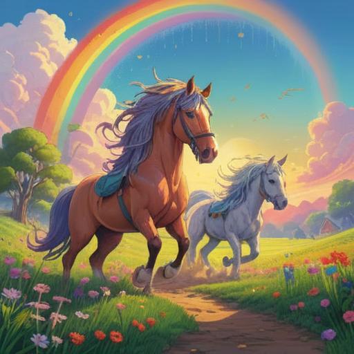 A vibrant scene featuring two rainbows arching across a clear sky, surrounded by whimsical lucky charms like four-leaf clovers, horseshoes, and lucky coins, a serene landscape below with blooming flowers and a sparkling river, bright and cheerful atmosphere, 4k