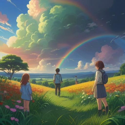 A breathtaking scene of a rainbow arching across a vibrant sky, symbolizing miracles and hope, lush green landscape below, people interacting joyfully under the rainbow, sharing stories and laughter, a sense of unity and gratitude, clear blue skies contrasting with the colorful arc, soft sunlight illuminating the scene, 4k