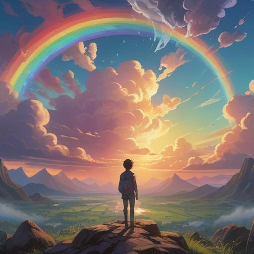 A mesmerizing spiritual scene, vibrant rainbow-colored clouds, ethereal light shining through, symbolizing hope and positivity, mystical atmosphere, serene landscape, gentle breezes, uplifting energy, imaginative surroundings, 4k