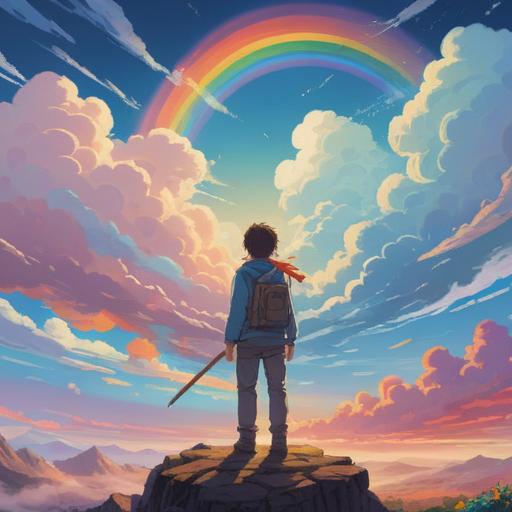 A bright and uplifting scene featuring rainbow-colored clouds in a clear blue sky, a person standing in awe beneath the clouds, feeling a sense of hope and positivity, vibrant colors, dreamy atmosphere, nature's beauty, inspirational elements, 4k
