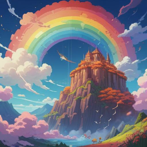 A vibrant illustration of a rainbow-colored cloud, symbolizing new discoveries, floating in a bright blue sky, messages of hope and imagination emanating from the cloud, whimsical elements surrounding it, a sense of wonder and inspiration, lush green landscape below, magical and enchanting atmosphere, 4k