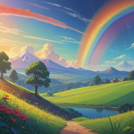 A serene landscape with a vibrant rainbow arching across a clear blue sky, peaceful aura, lush green fields below, ethereal light filtering through clouds, symbolic representations of hope and spirituality, a figure meditating in the foreground, surrounded by blooming flowers, tranquil atmosphere, 4k