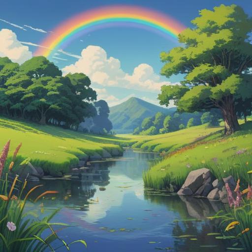 A serene landscape featuring a vibrant rainbow arching across a clear blue sky, lush green fields below, a winding river reflecting the colors of the rainbow, small wildflowers blooming in the foreground, a gentle breeze creating rippling water, a feeling of peace and positivity, evoking a sense of spiritual connection and hope, 4k