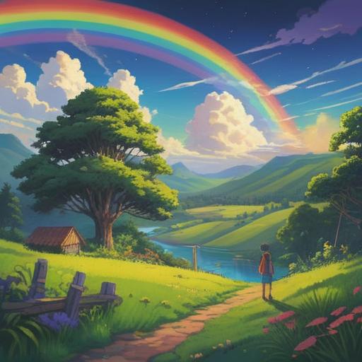 A vibrant illustration of a rainbow as a spiritual sign, lush green landscape, serene sky, people admiring the rainbow, light beams radiating from the colors, symbolism of hope and connection, diverse spirituality elements, calming atmosphere, 4k