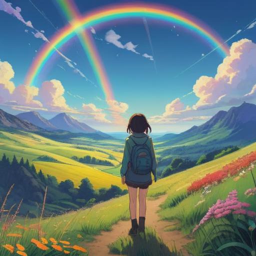 A vibrant and inspiring landscape, a rainbow arching across a clear blue sky, symbolizing new possibilities, a person standing confidently at the base of the rainbow, looking up with hope and determination, lush green grass and blooming flowers surrounding them, soft light illuminating the scene, a pathway leading towards the horizon, tranquil and uplifting atmosphere, 4k