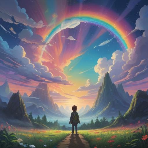 A mystical scene depicting a vibrant rainbow arching across a serene sky, surrounded by fluffy white clouds, glowing ethereal lights, symbolic elements representing hope and positivity, a tranquil landscape below with lush greenery, hinting at spiritual awakening and enlightenment, harmonious atmosphere, 4k