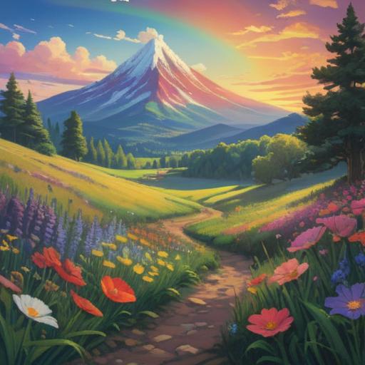 A serene landscape featuring a vibrant rainbow arching over a tranquil meadow, ethereal light illuminating the scene, mystical symbolism represented by diverse flora and fauna, a gentle breeze stirring the grass, a sense of awakening and awareness, deep connection to nature and spirituality, 4k