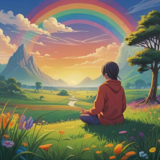 A serene landscape featuring a vibrant rainbow arching over a lush green meadow, a person meditating peacefully beneath the rainbow, symbols of luck such as four-leaf clovers and golden coins scattered around, a bright blue sky filled with fluffy white clouds, ethereal light illuminating the scene, emphasizing tranquility and hope, 4k