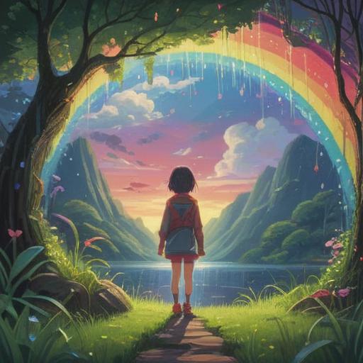A captivating illustration of a vibrant rainbow arching over a lush green landscape, sparkling light reflecting off the raindrops, a figure meditating peacefully beneath the rainbow, surrounded by glowing symbols of luck and energy, soft and dreamy atmosphere, harmonious colors blending together, inspiring tranquility and hope, whimsical elements like butterflies and flowers, 4k