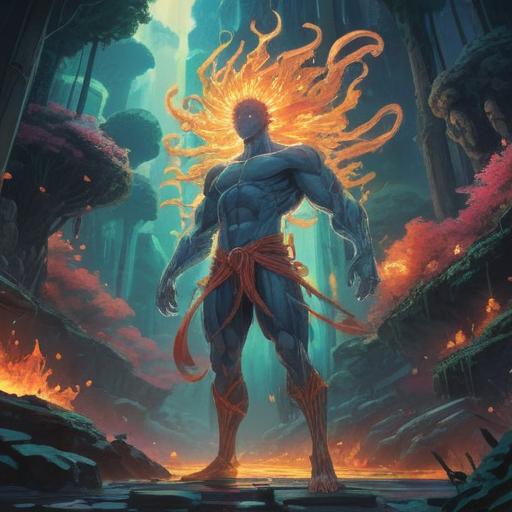 A serene and introspective illustration depicting the concept of spiritual growth through muscle strain, ethereal light enveloping the figure, symbols of transformation and healing around, tranquil nature background with soft colors, harmonious atmosphere, a connected and enlightened character shadowed by soft hues, 4k