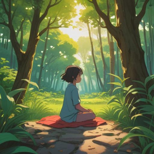 A serene illustration depicting a person practicing mindfulness in a tranquil park, surrounded by lush greenery, soft sunlight filtering through the trees, calm facial expression, engaging in gentle stretching exercises, emphasizing the importance of mental well-being during physical recovery, harmonious connection with nature, soothing atmosphere, 4k