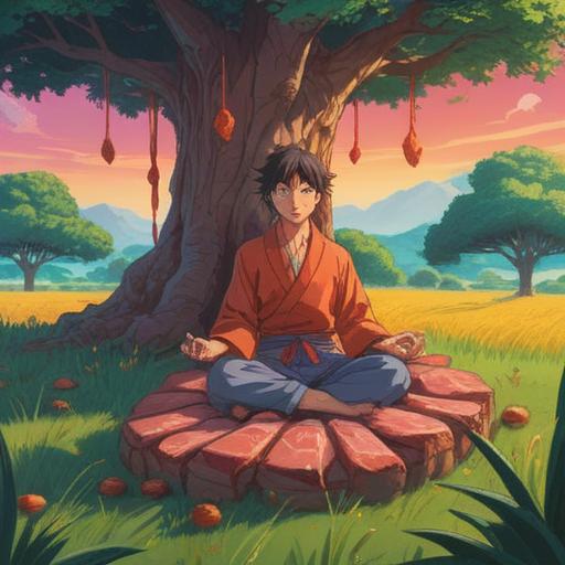 A serene illustration depicting the spiritual essence of meat detachment, a tranquil landscape with a person meditating under a tree, symbols of vegetarianism and tranquility around, vibrant colors representing life and growth, harmonious atmosphere, deep connection with nature, inner peace and enlightenment, clear sky, lush greenery, 4k