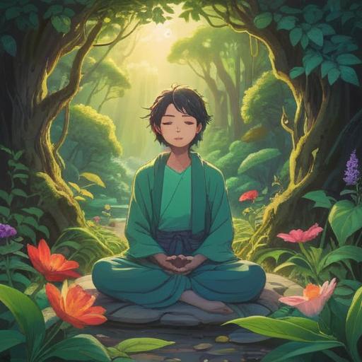 A serene illustration depicting spiritual transformation, a figure meditating in nature, ethereal light surrounding them, lush greenery and blooming flowers, symbols of peace and enlightenment in the background, calm and uplifting atmosphere, vibrant colors, 4k