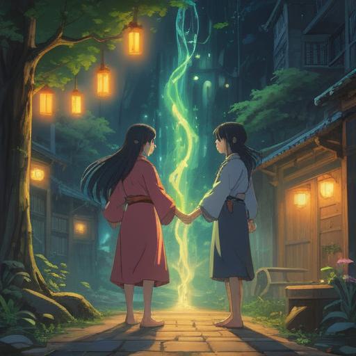 A serene and ethereal scene depicting a spiritual connection between two figures, glowing energy emanating from their intertwined bodies, soft light illuminating their surroundings, symbols of harmony and unity in the background, gentle expressions conveying trust and understanding, nature elements like flowers and flowing water enhancing the peaceful atmosphere, vibrant colors, 4k