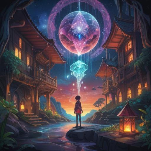 A mystical scene depicting a glowing crystal surrounded by ethereal energy, vibrant colors, characters engaged in a harmonious connection, spiritual symbols in the background, an aura of positive energy radiating from the crystal, serene atmosphere, enchanting forest setting, intricate details, 4k