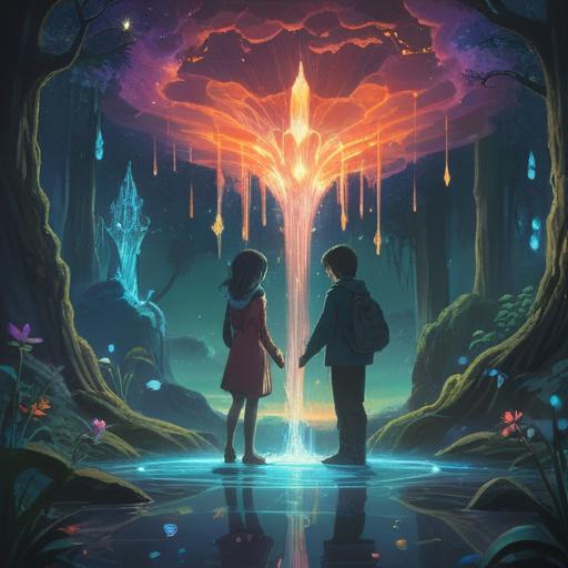 A serene scene depicting two people connecting through a shimmering crystal, vibrant energy flowing between them, surrounded by a mystical atmosphere, soft light illuminating the crystal, symbols of luck and fortune in the background, peaceful nature elements, harmonious color palette, 4k