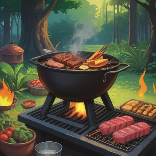 A serene and inviting scene depicting a lush barbecue surrounded by nature, vibrant colors, succulent pieces of grilled meat sizzling over open flames, warm smoke rising, friends gathered in joyful conversation, hints of spiritual energy in the atmosphere, sunlight filtering through trees, harmonious connection with nature, 4k