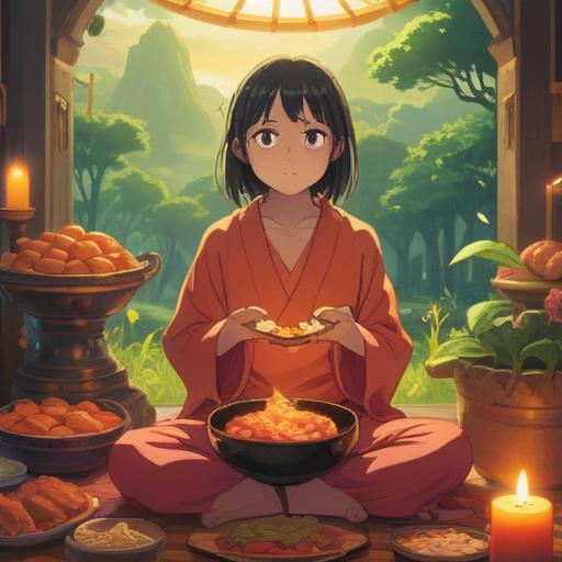 A serene landscape, a glowing aura surrounding a figure in meditation, hints of meat dishes in the background, golden light radiating, symbolic representations of abundance and nourishment, calm and inviting atmosphere, spiritual connection with nature, 4k