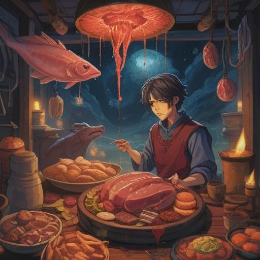 A captivating illustration depicting a person experiencing a profound craving for meat, surrounded by mystical symbols representing spiritual signs, soft light illuminating the scene, nature elements like trees and flowers symbolizing growth, subtle hints of mindfulness and awareness in the background, warm color palette, ethereal atmosphere, thought-provoking imagery, 4k