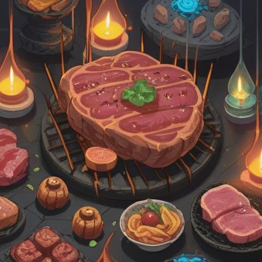 A visually captivating illustration of a mystical, glowing lucky stone embedded in a juicy piece of grilled meat, surrounded by an enticing array of garnishes and spices, warm lighting enhancing the mouth-watering scene, rich textures of the meat, sparkling reflections on the lucky stone, aromatic steam rising, 4k