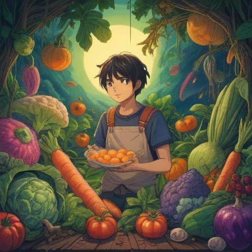 A surreal illustration depicting a person surrounded by various vegetables and grains, vibrant colors, ethereal light emanating from the plants, symbolizing spiritual enlightenment, serene expression on the person's face, dynamic composition representing a journey of transformation, nature harmonizing with the individual, 4k