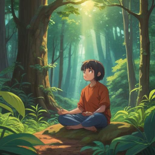A serene and peaceful scene depicting a person meditating in a tranquil forest, surrounded by lush greenery and soft sunlight filtering through the trees, symbols of spirituality such as lotus flowers and gentle animals nearby, the person showing contentment and harmony, emphasizing a connection to nature and a vegetarian lifestyle, 4k