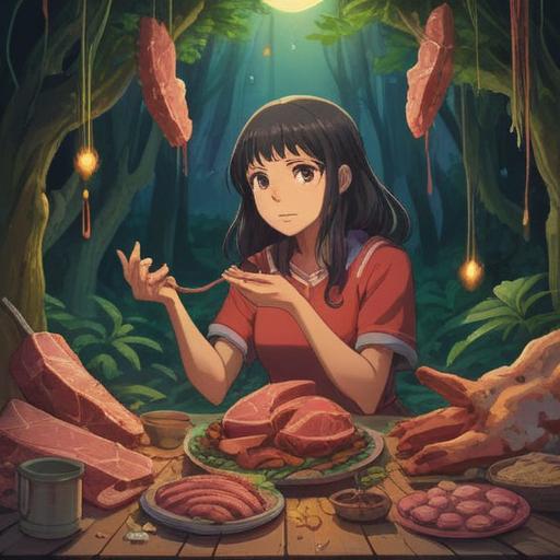 A spiritual depiction of someone feeling uneasy about meat consumption, symbolic imagery reflecting inner conflict, ethereal lights representing awareness, nature elements like trees and animals conveying harmony, aura colors shifting from dark to bright, contemplative expression on the person's face, soft and serene background, 4k