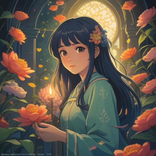 A mystical scene depicting heightened sensitivity to scents, ethereal light surrounding a serene figure, fragrant flowers blooming vividly, symbolic objects representing intuition and awareness, gentle breeze carrying aromatic wisps, tranquil forest backdrop, spiritual awakening, vivid colors, 4k